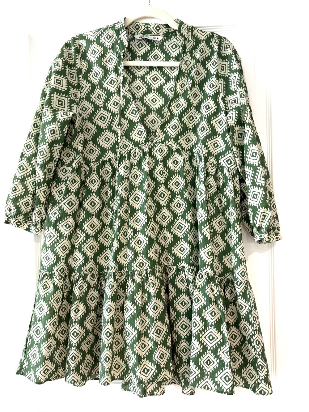 Zara Green and White Geometric Tie-Neck Mini Dress
